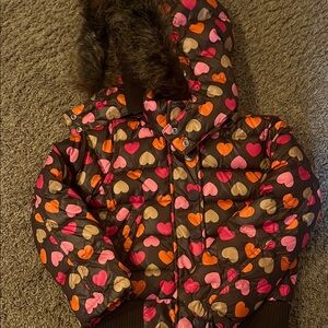 Colorful Gap Kids Heart Patterned Puffer Jacket With A Fur Hood